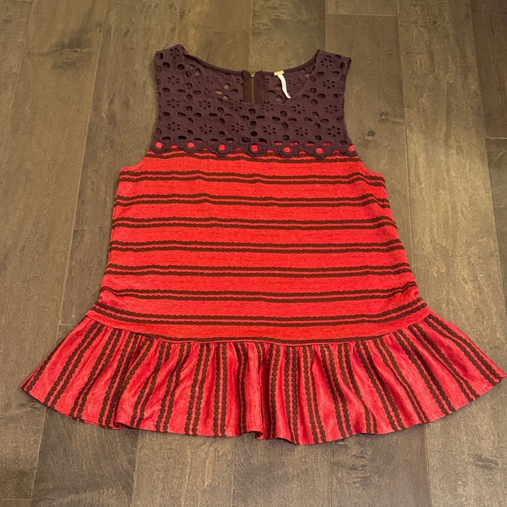Free People Molly Retro Eyelet Striped Peplum Top Red Brown S - Picture 2 of 5